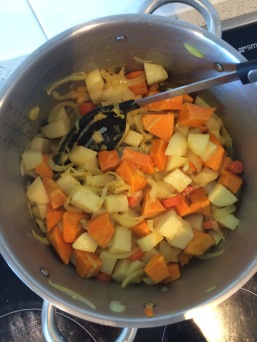 Cook the carrot, potatoes and pumpkin (and sweet potato if using) for 7 - 10 minutes. 